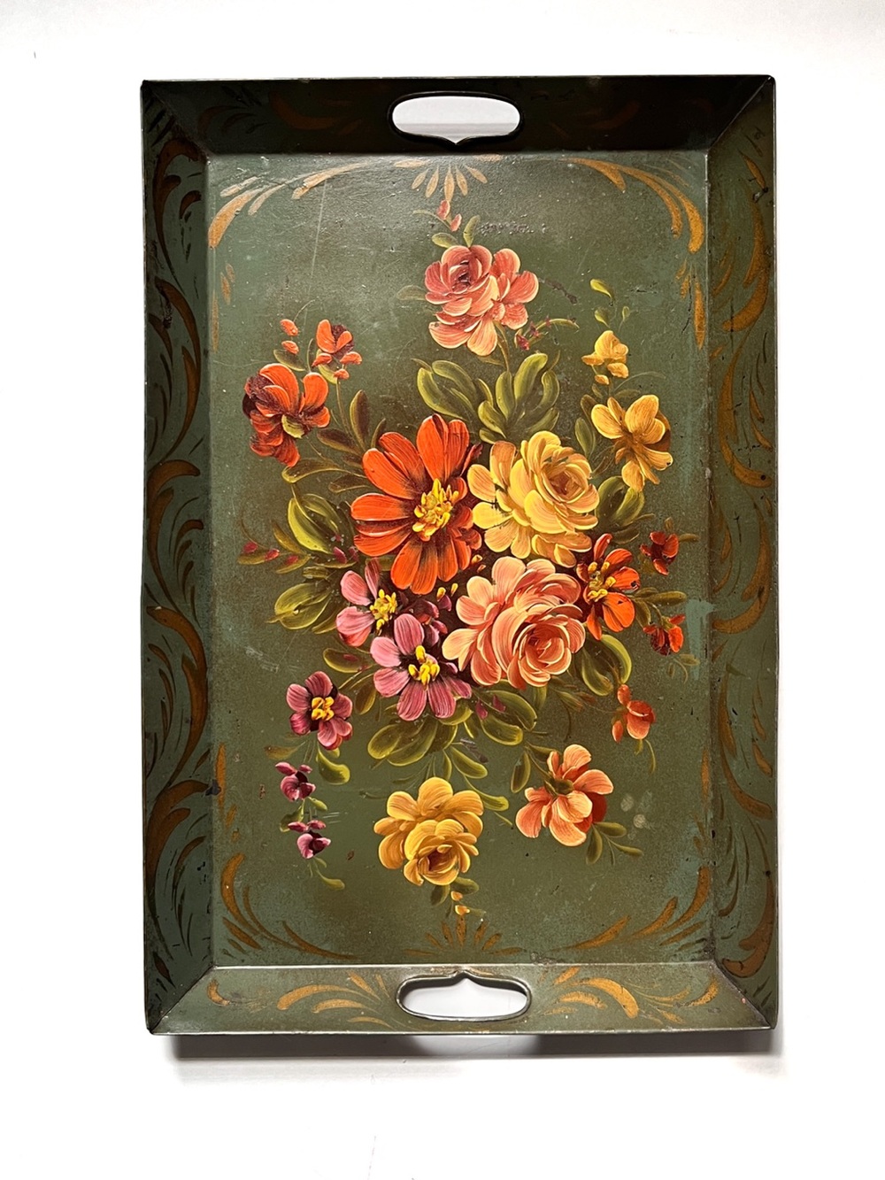 Large Antique Hand Painted Toleware Metal Green Tole Serving Tray Floral Bouquet